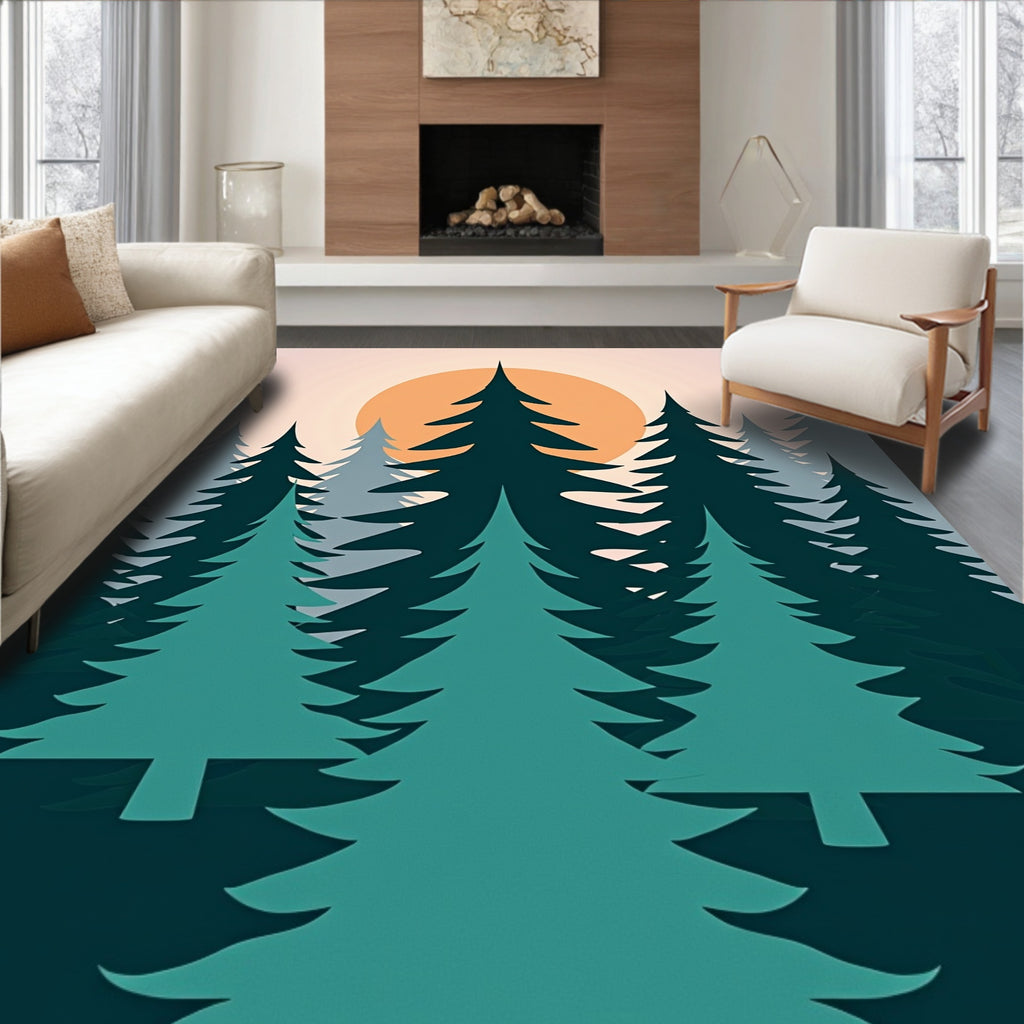 Deep Forest Sunrise Teal Trees Rug