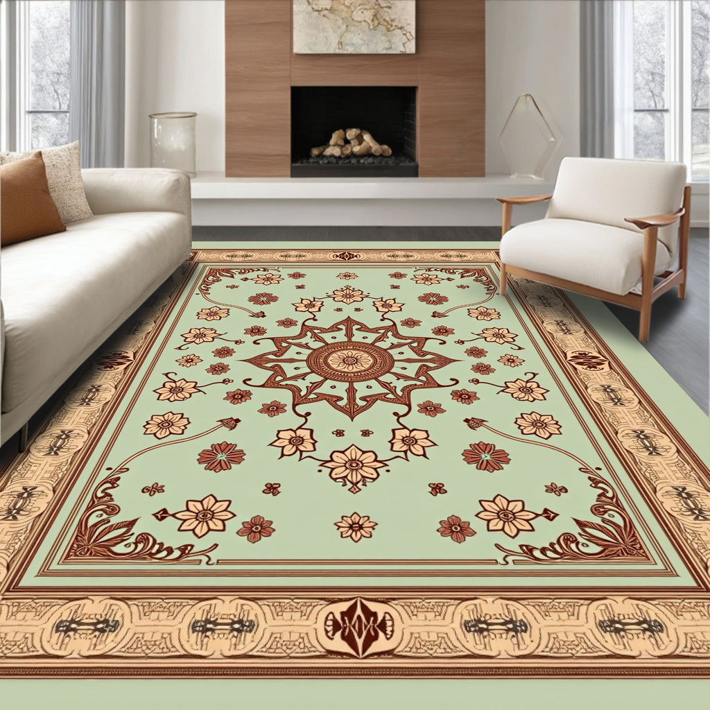 Pale Mint Floral Starburst Border Rug