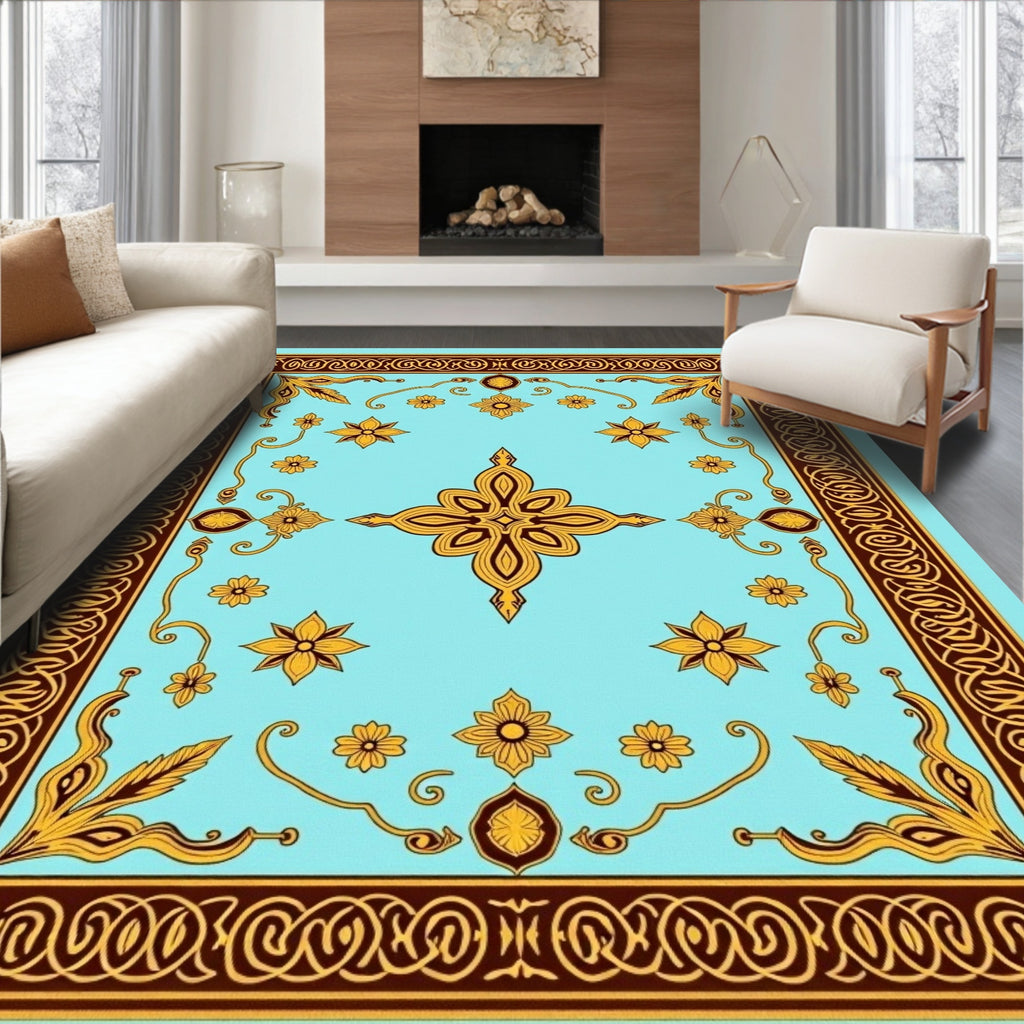 Turquoise Gold Floral Medallion Border Rug