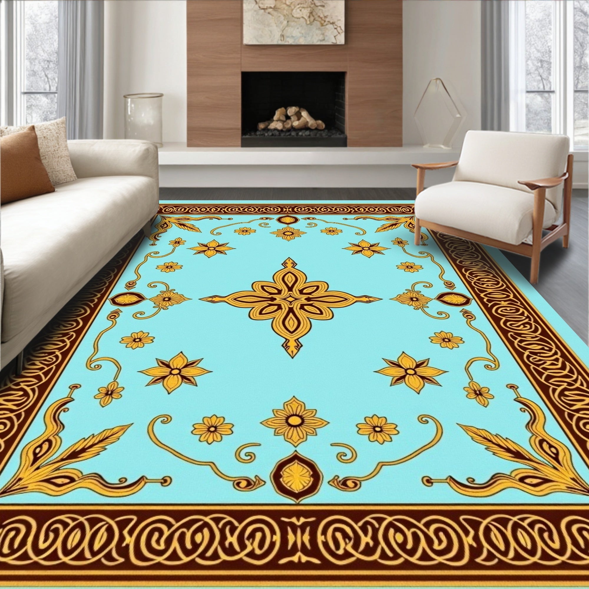Turquoise Gold Floral Medallion Border Rug