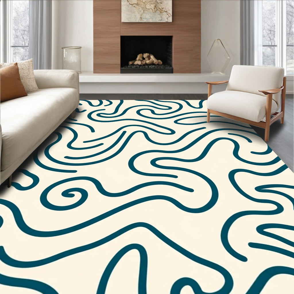 Deep Teal Swirl Cream Abstract Rug