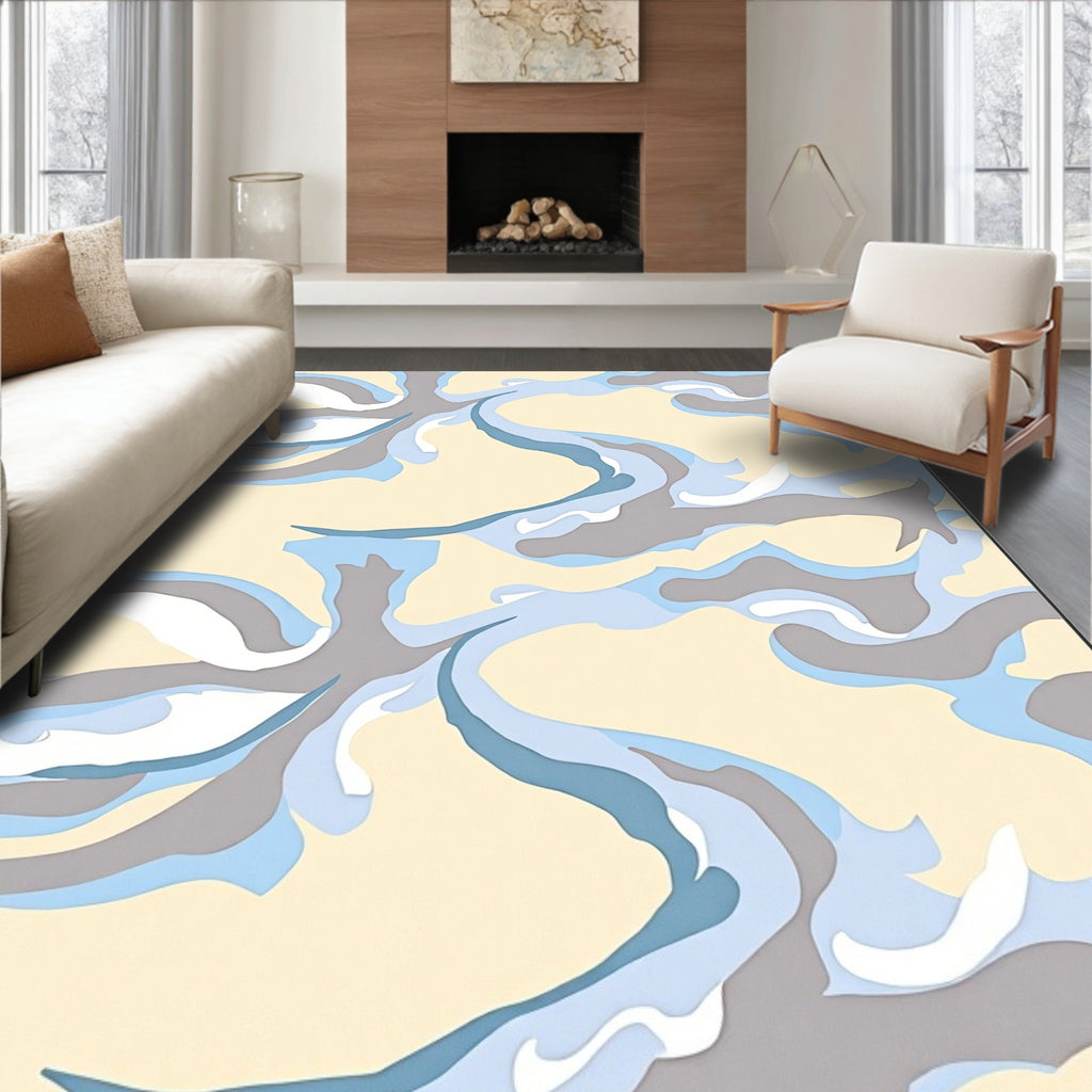 Cream Blue Gray Abstract Swirls Rug