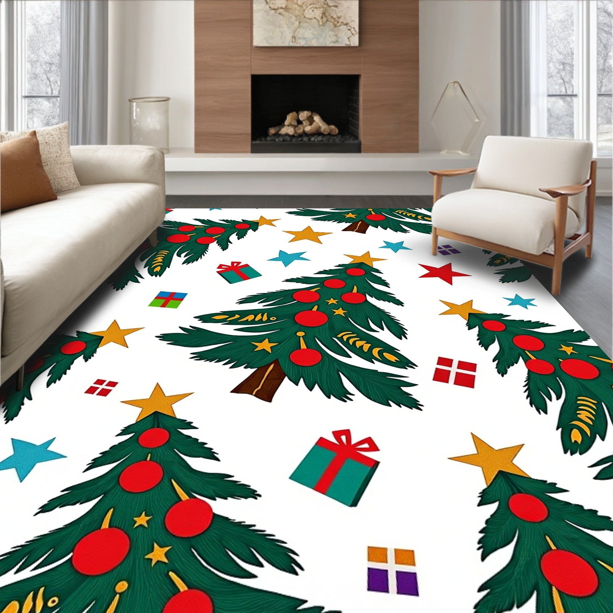 Whimsical Christmas Trees Red Ornaments Stars Rug