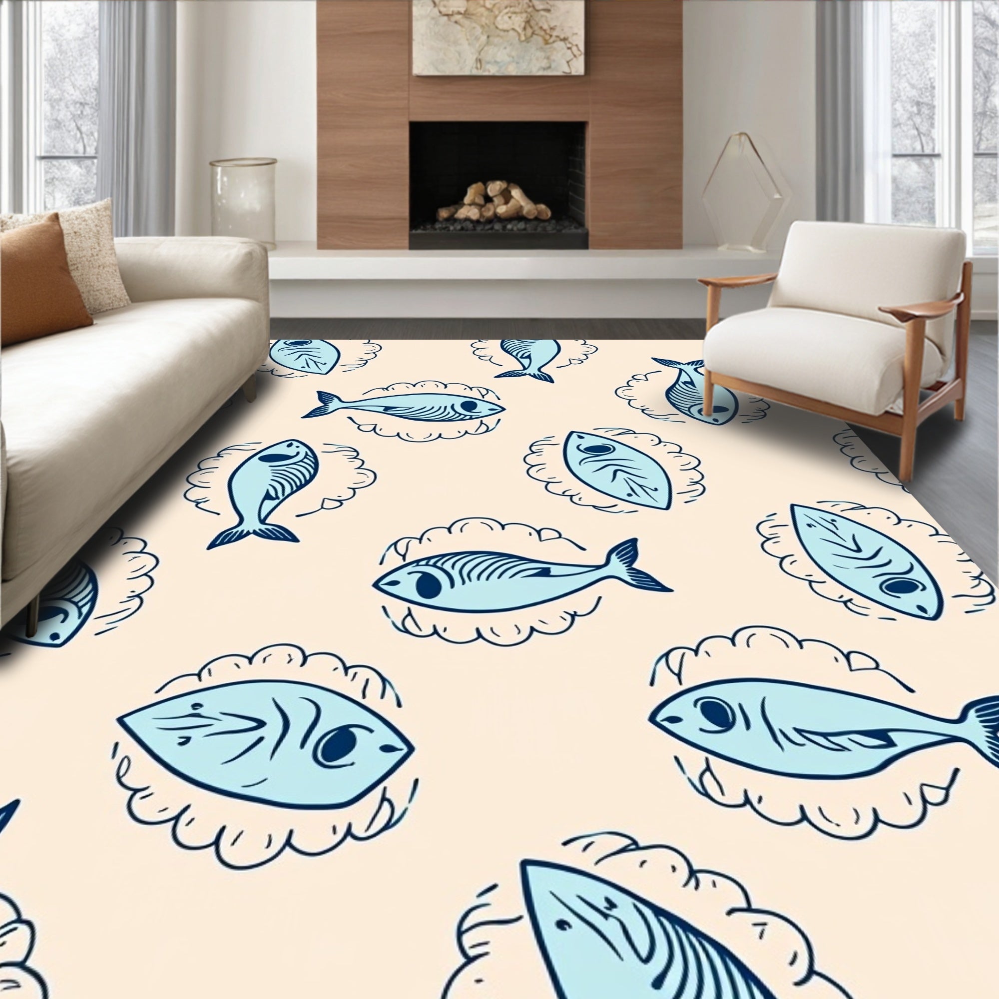 Light Blue Fish Sketch Accent Rug