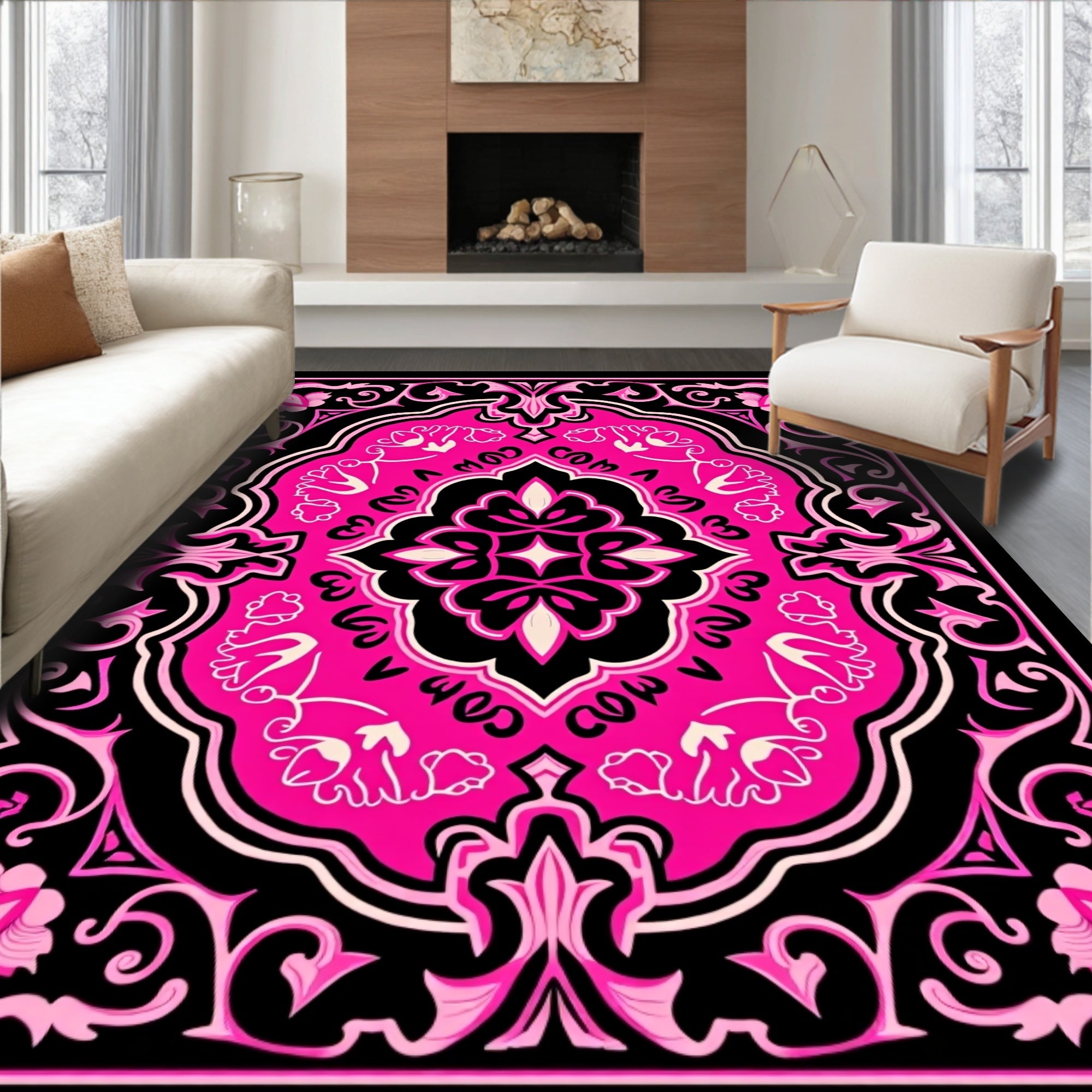 Vibrant Pink Baroque Floral Medallion Rug