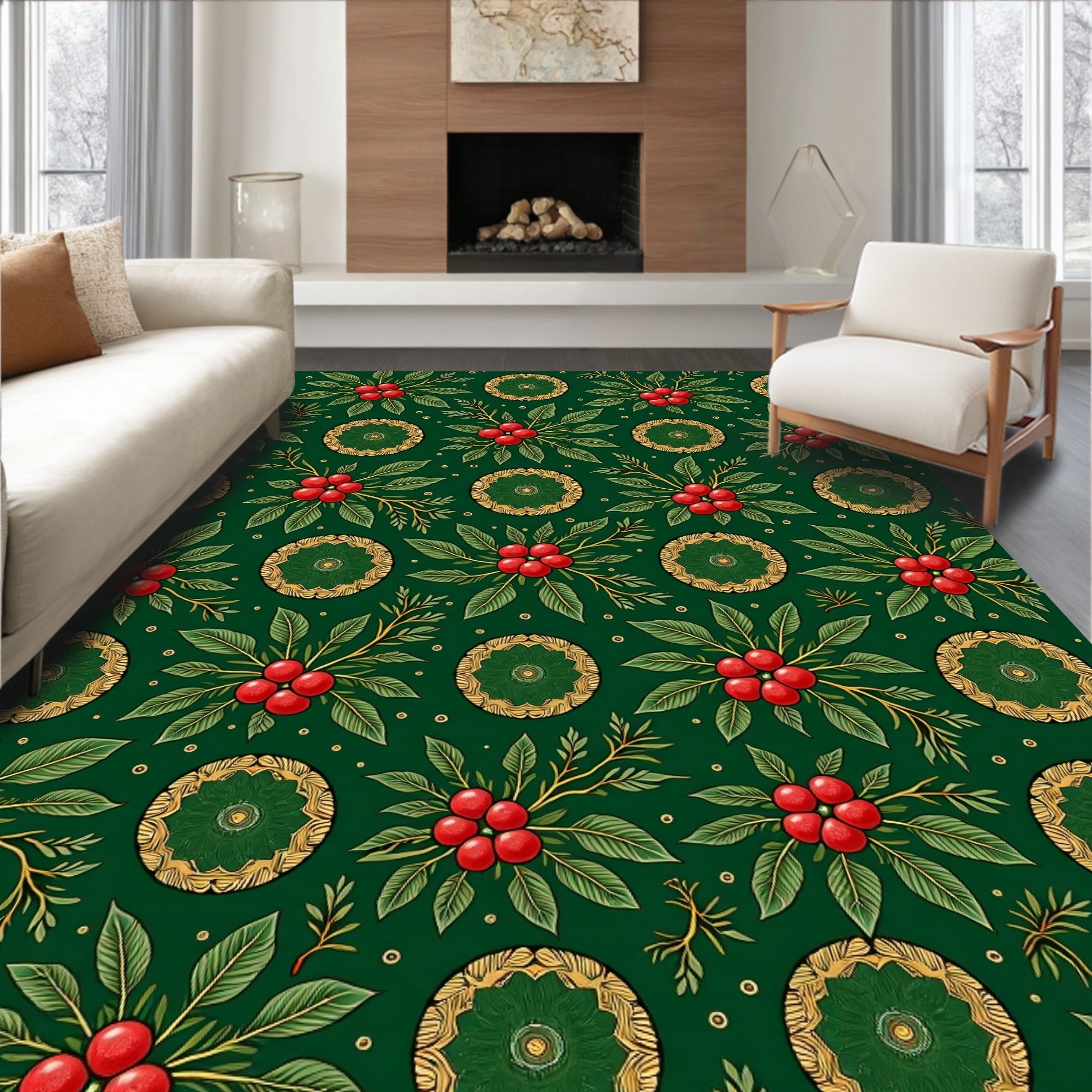 Emerald Green Holly Berry Medallion Rug