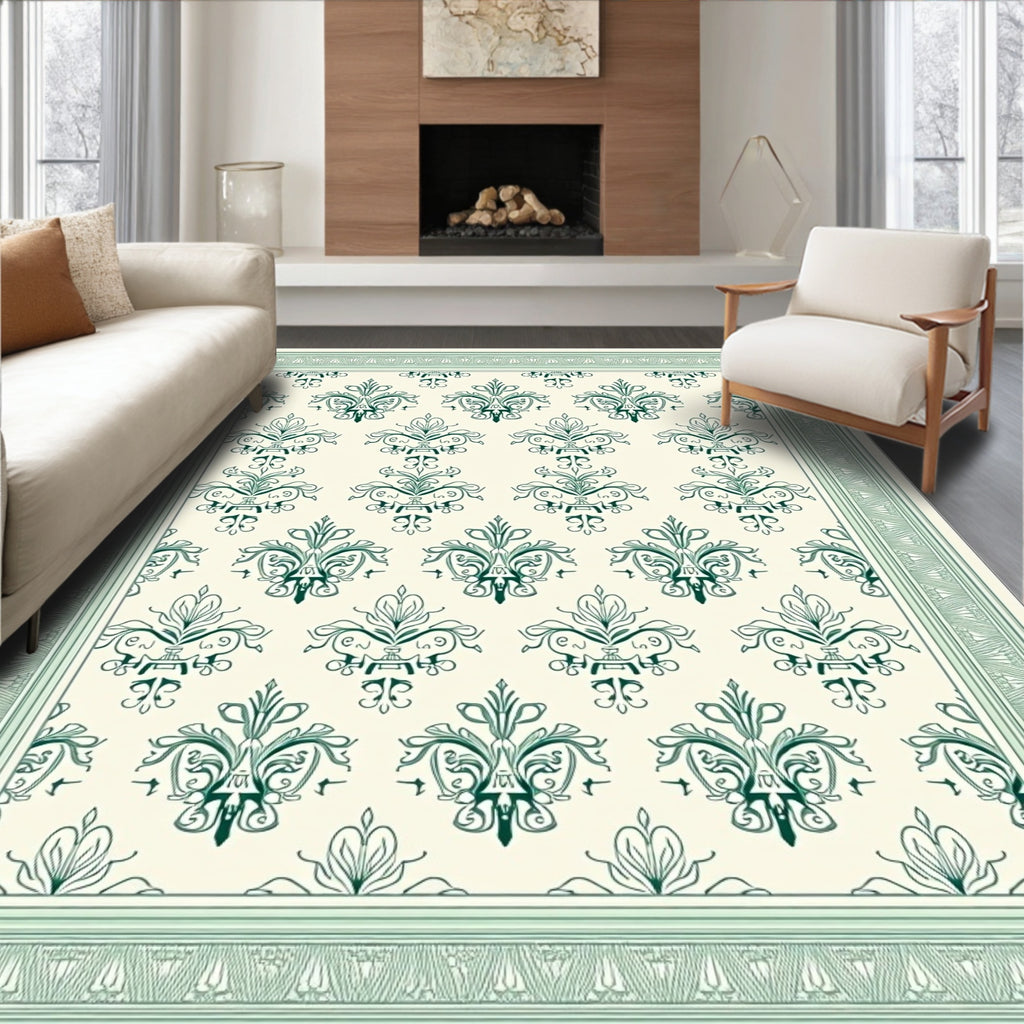 Victorian Green Damask Floral Border Rug