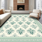 Victorian Green Damask Floral Border Rug