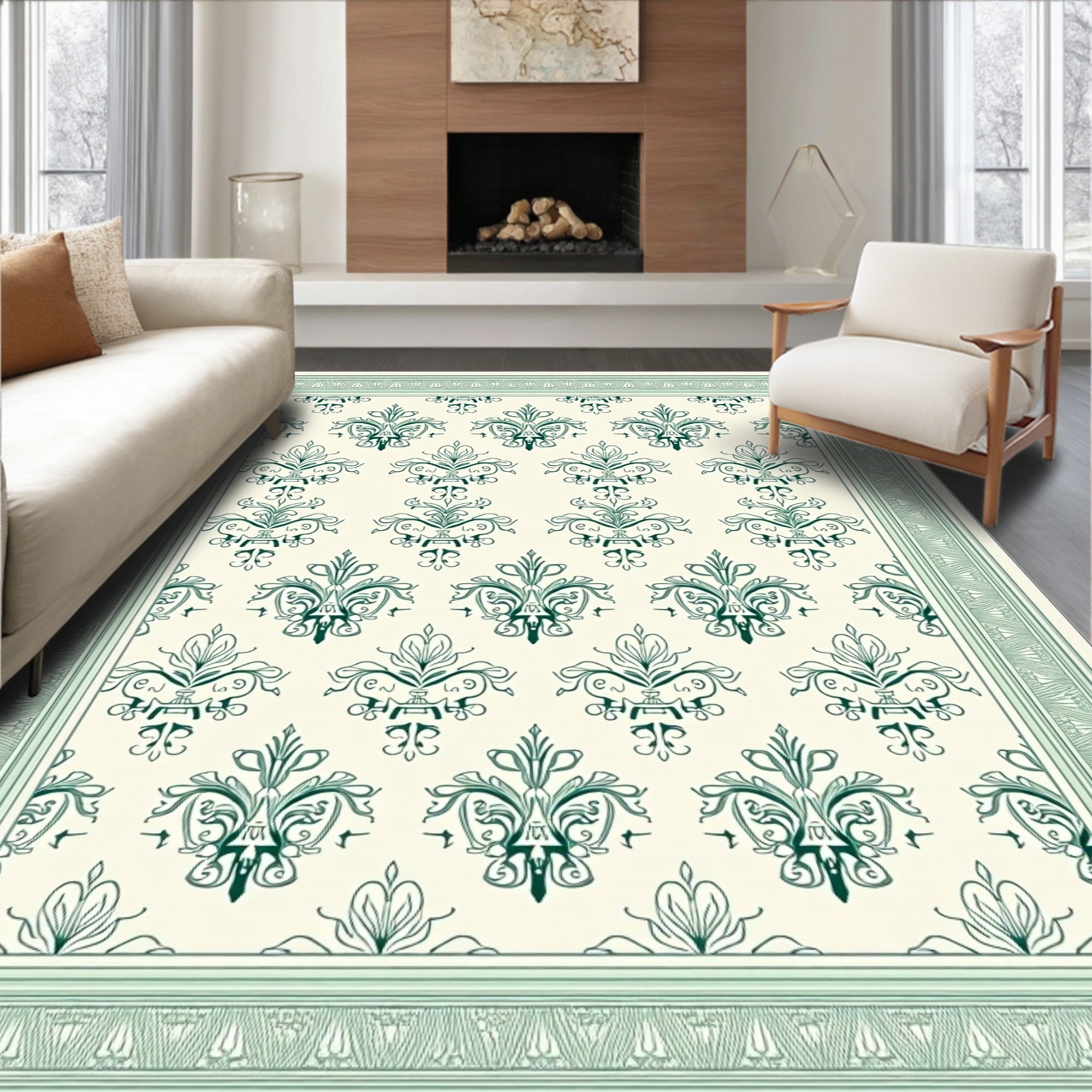 Victorian Green Damask Floral Border Rug