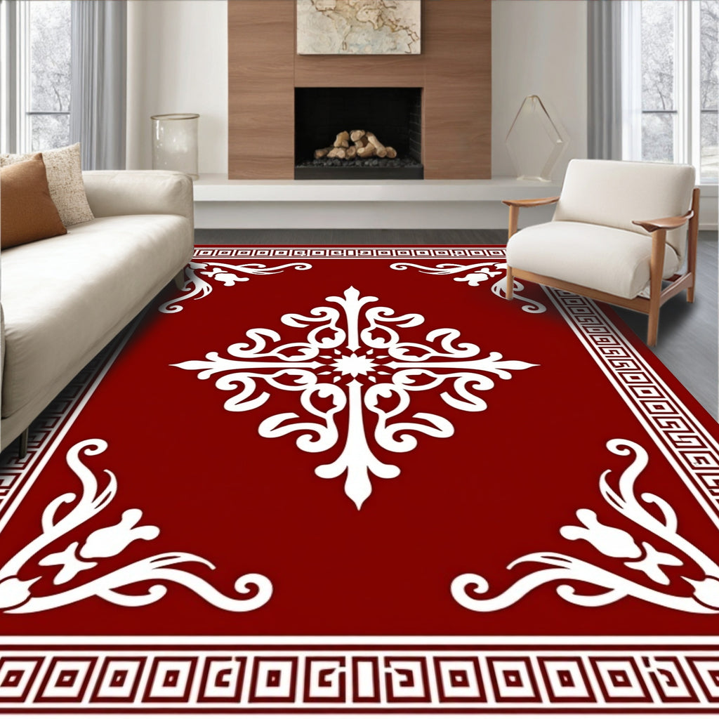 Deep Red Ornate Medallion Border Rug