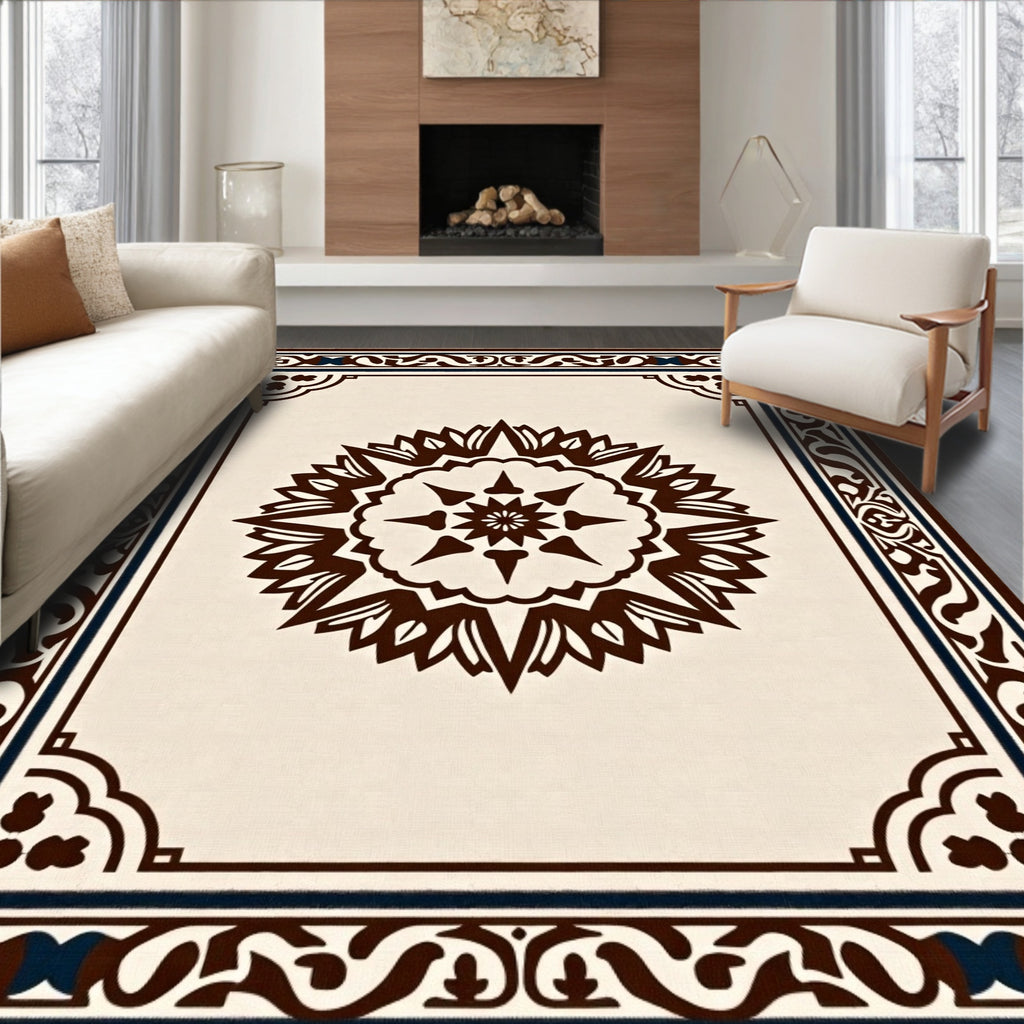 Cream Brown Ornamental Starburst Frame Rug