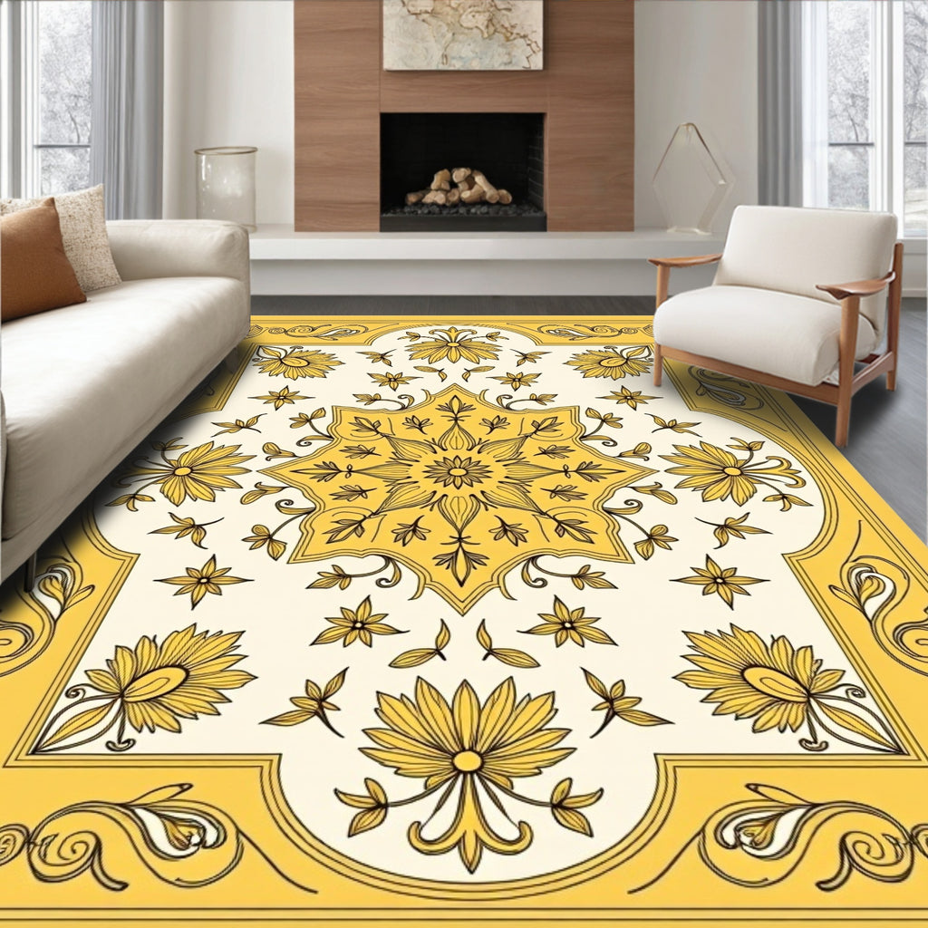 Golden Yellow Floral Medallion Centerpiece Rug