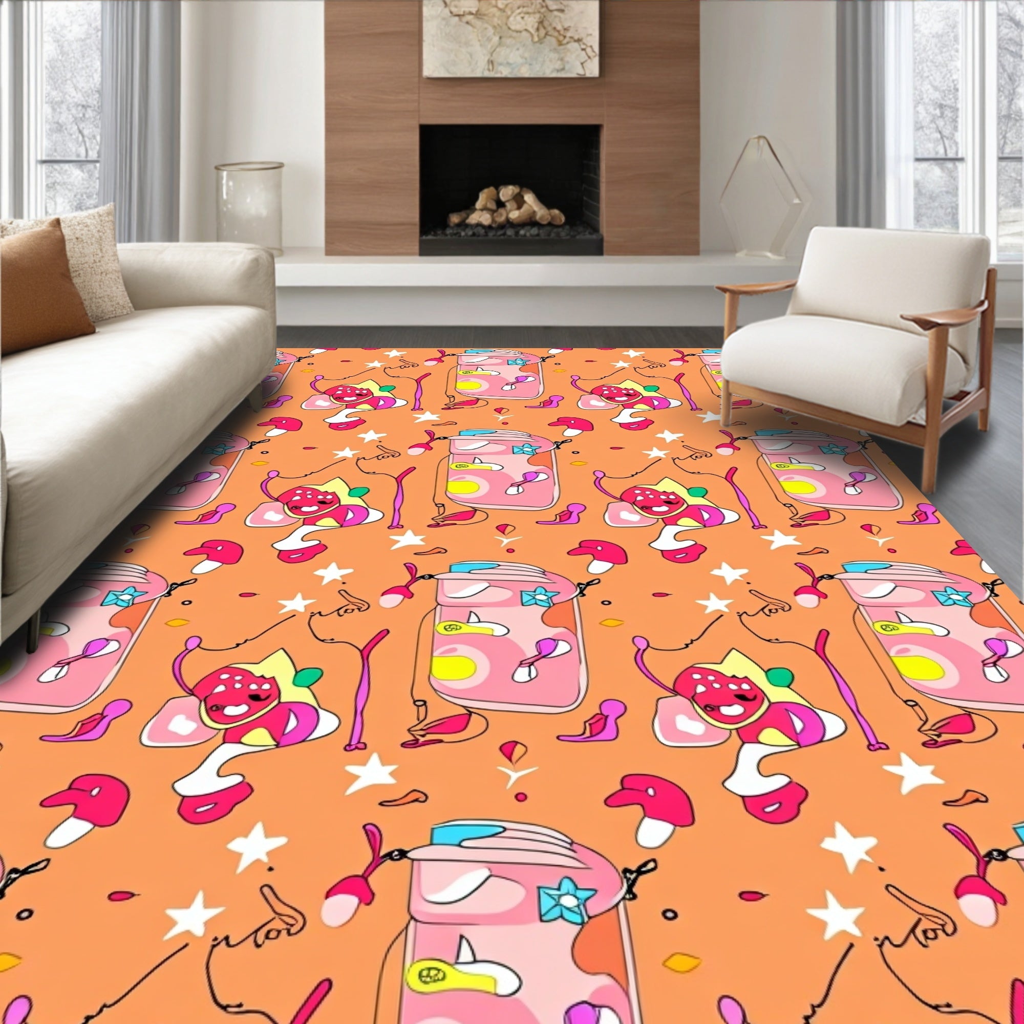 Whimsical Pink Jar Cartoon Characters Orange Rug