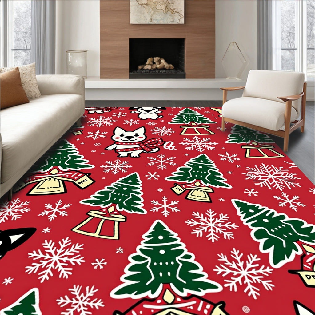 Festive Red Christmas Dogs Snowflakes Trees Rug