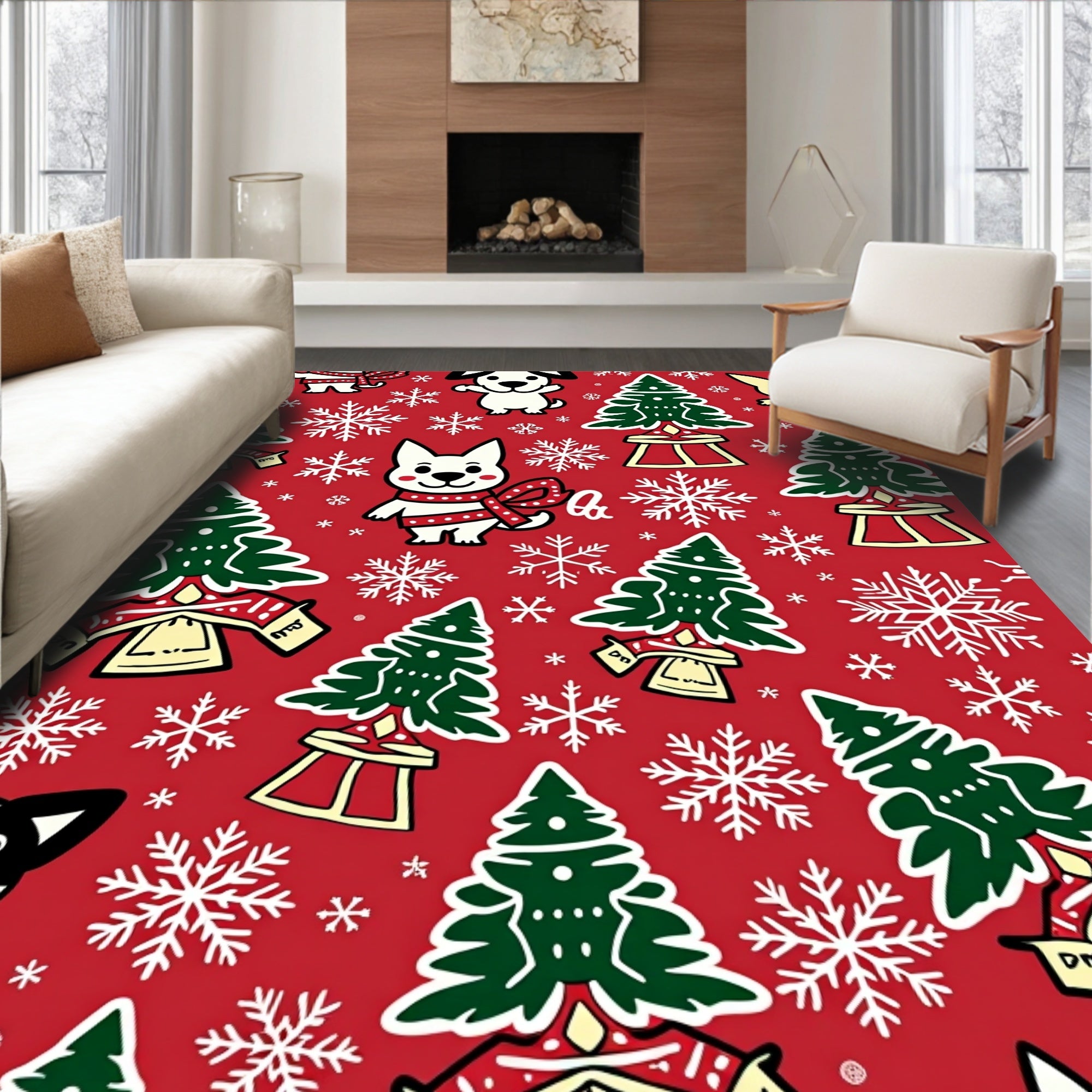 Festive Red Christmas Dogs Snowflakes Trees Rug