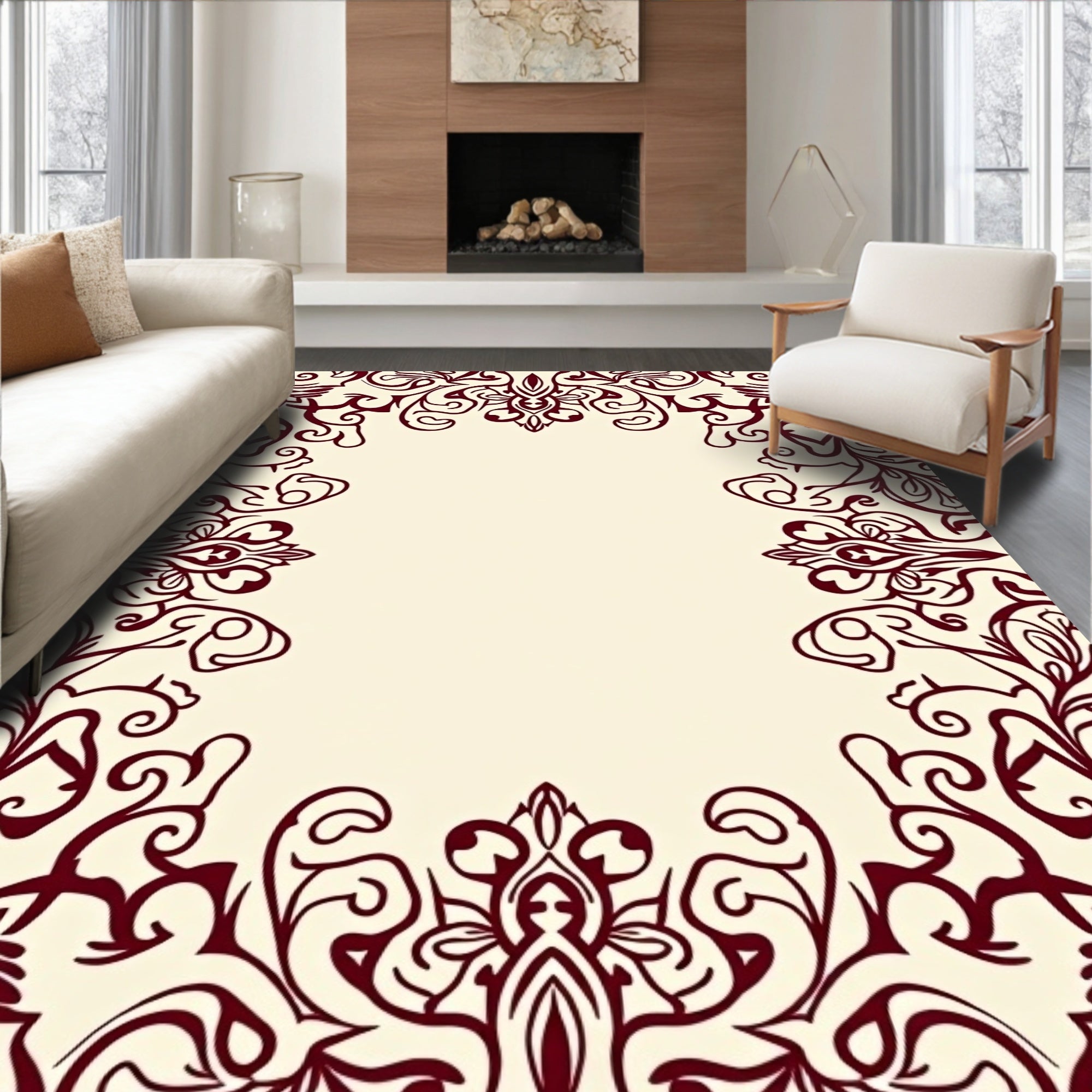 Crimson Vine Swirl Frame Rug