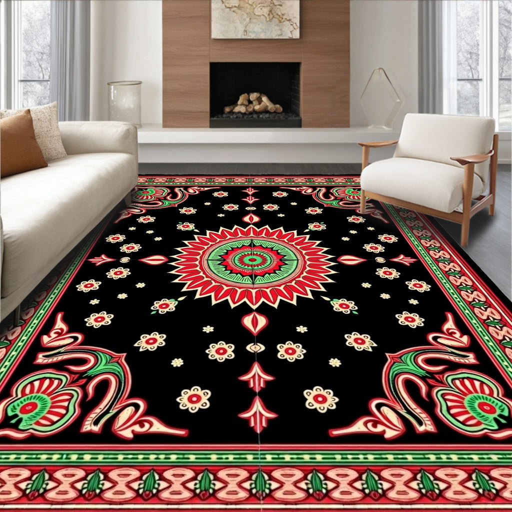 Vibrant Black Red Floral Medallion Rug