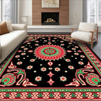 Vibrant Black Red Floral Medallion Rug