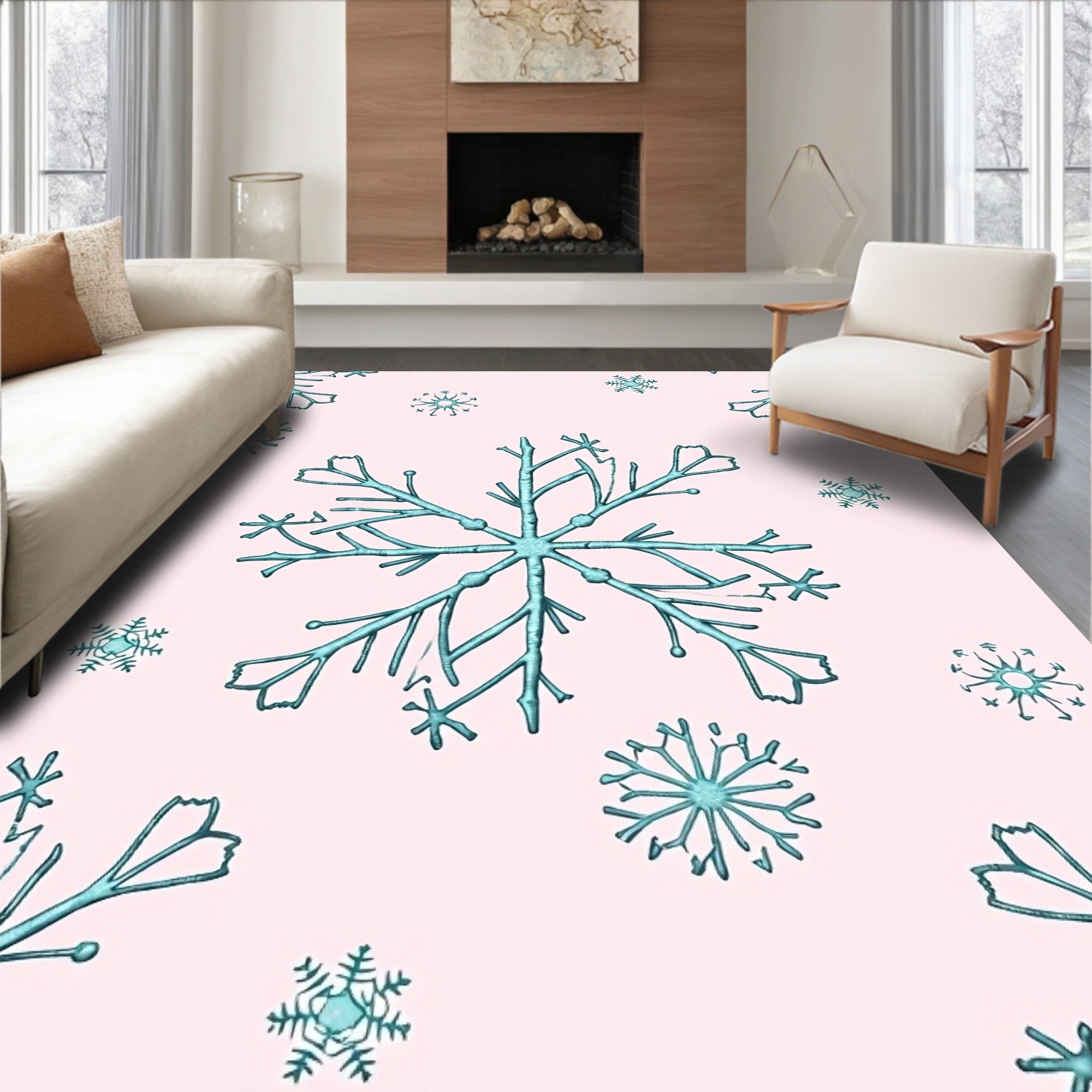 Teal Falling Snowflakes on Pink Background Rug
