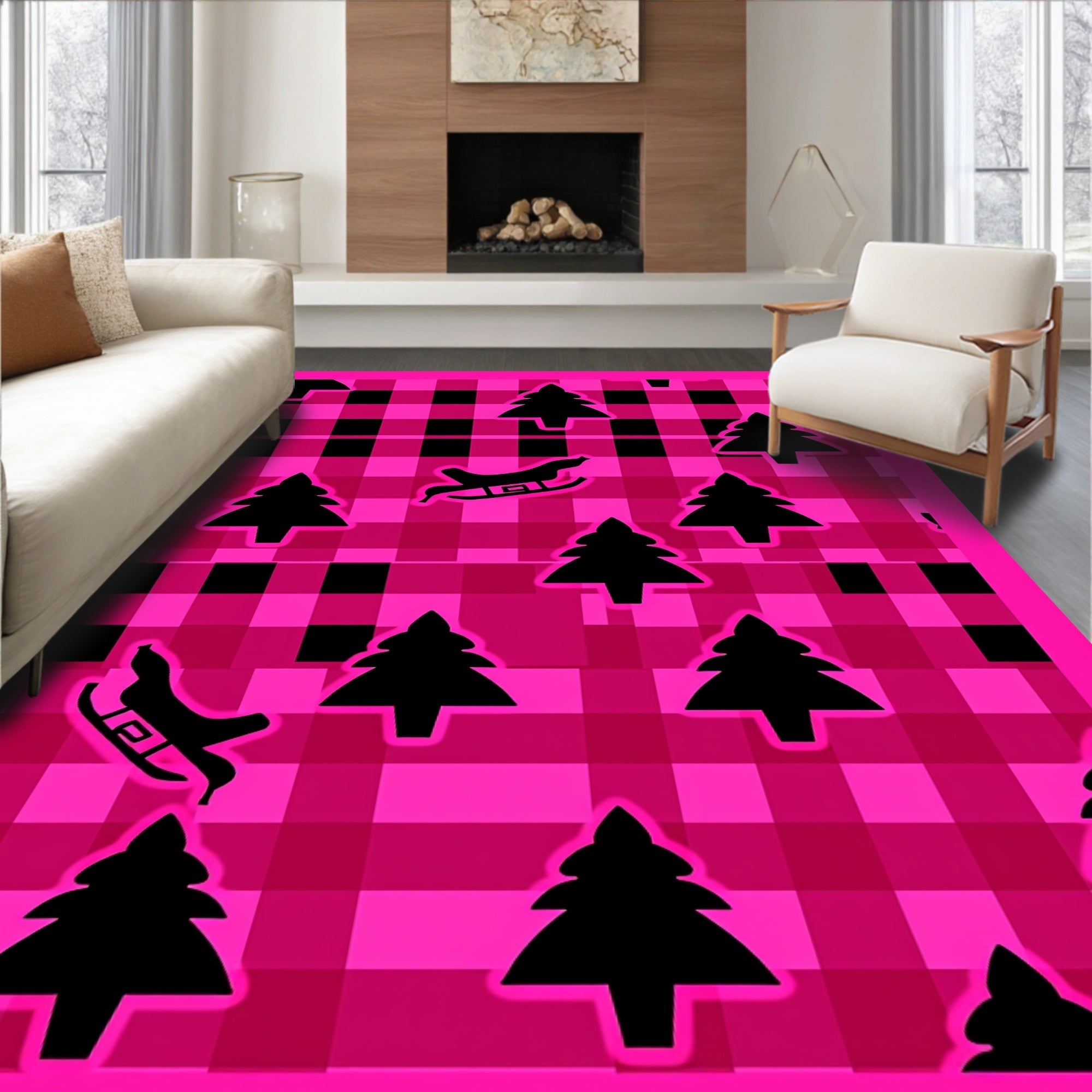 Pink Black Buffalo Check Christmas Trees Rug