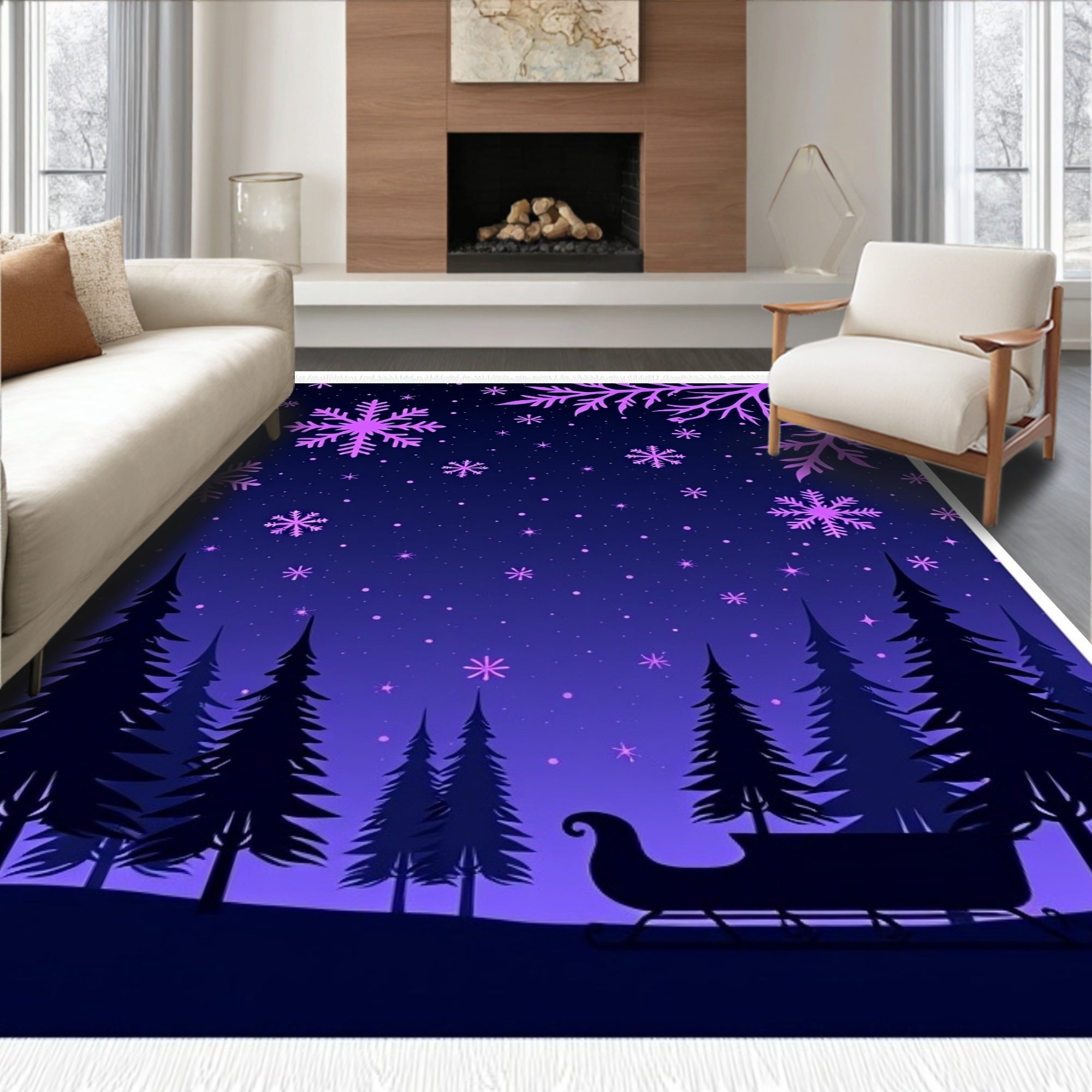 Midnight Purple Snowflake Forest Sleigh Graphic Rug