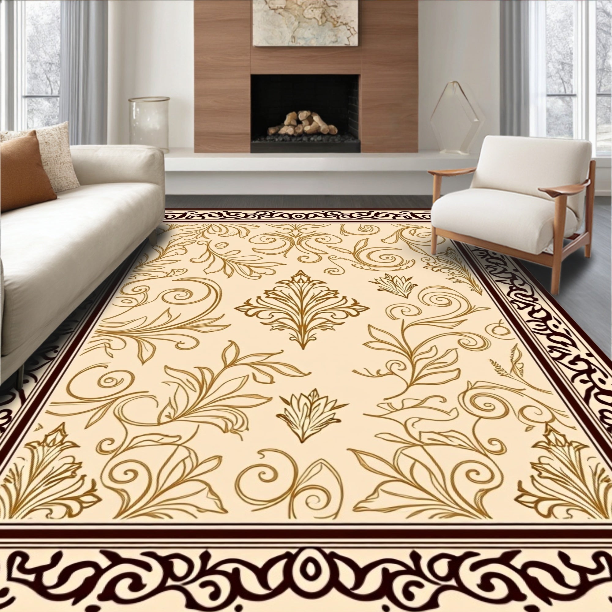 Golden Floral Scrollwork Border Rug