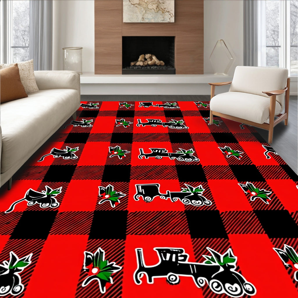 Red Black Buffalo Plaid Train Holly Rug