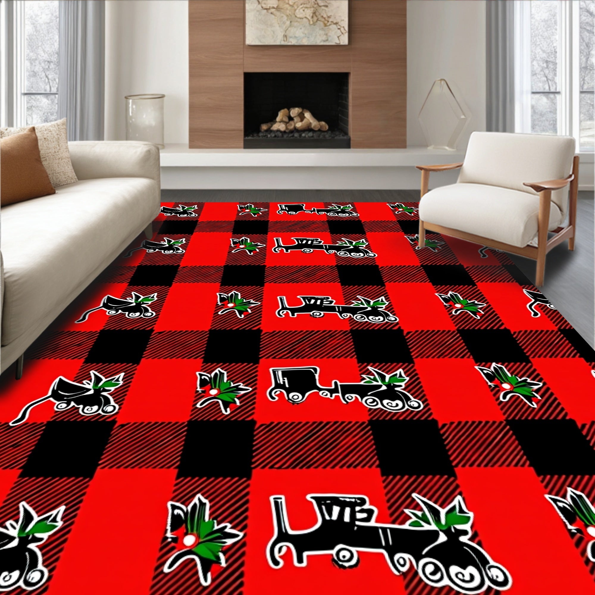Red Black Buffalo Plaid Train Holly Rug