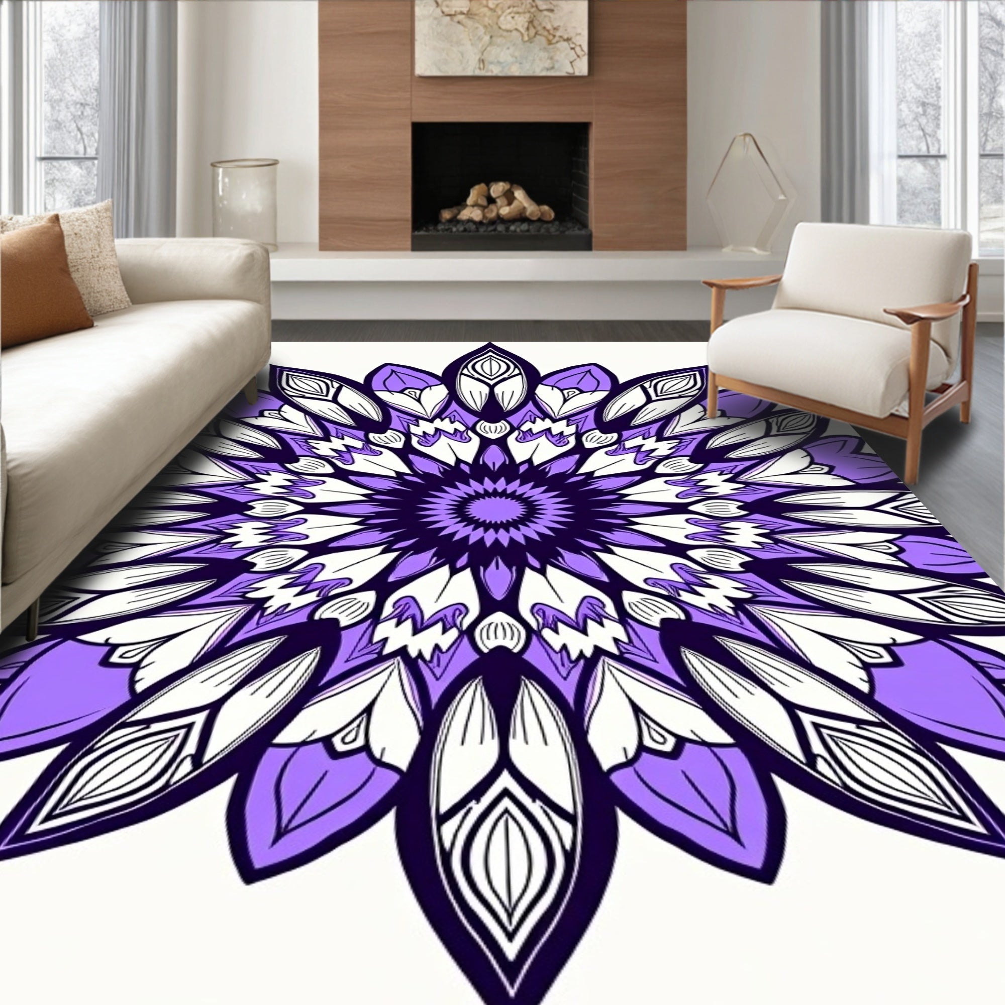 Purple White Layered Floral Medallion Rug