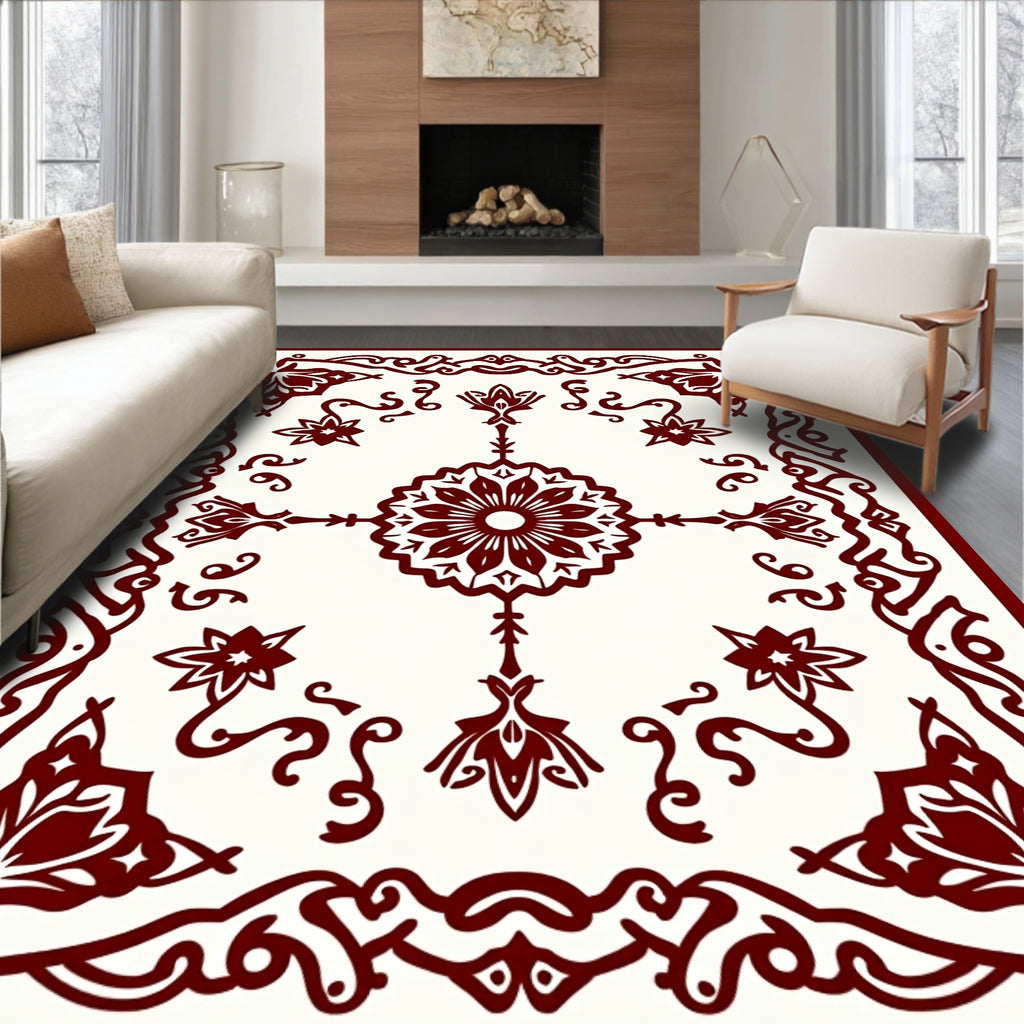 Deep Red Floral Star Border Design Rug