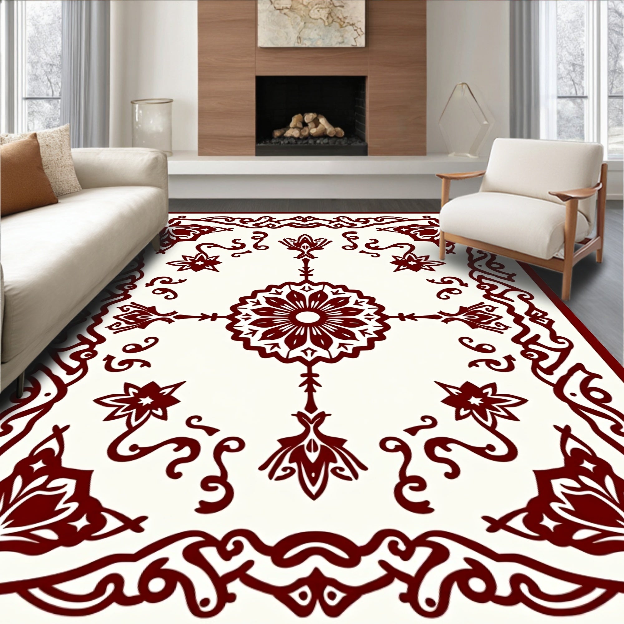 Deep Red Floral Star Border Design Rug