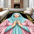 Serene Praying Woman Teal Pink Gold Arch Rug