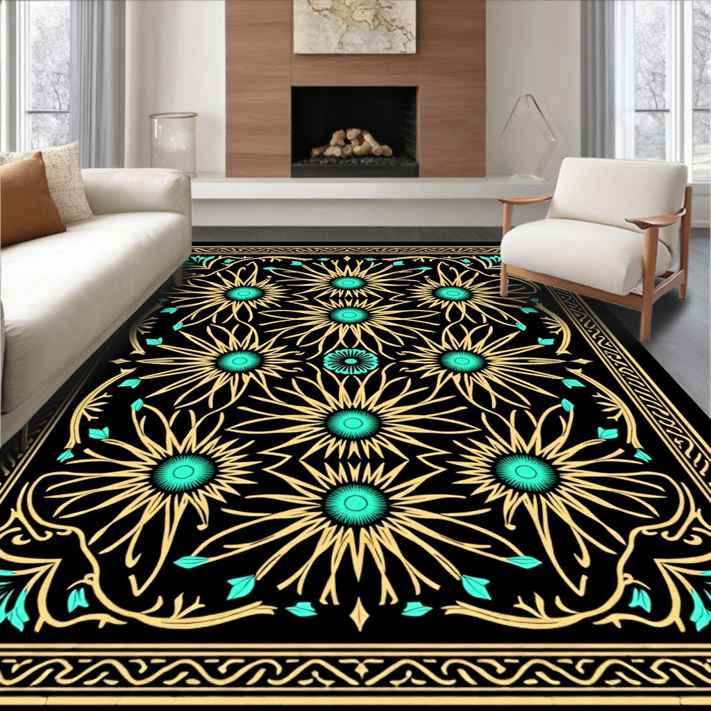 Gold Teal Floral Sunburst Mandala Rug