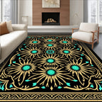 Gold Teal Floral Sunburst Mandala Rug