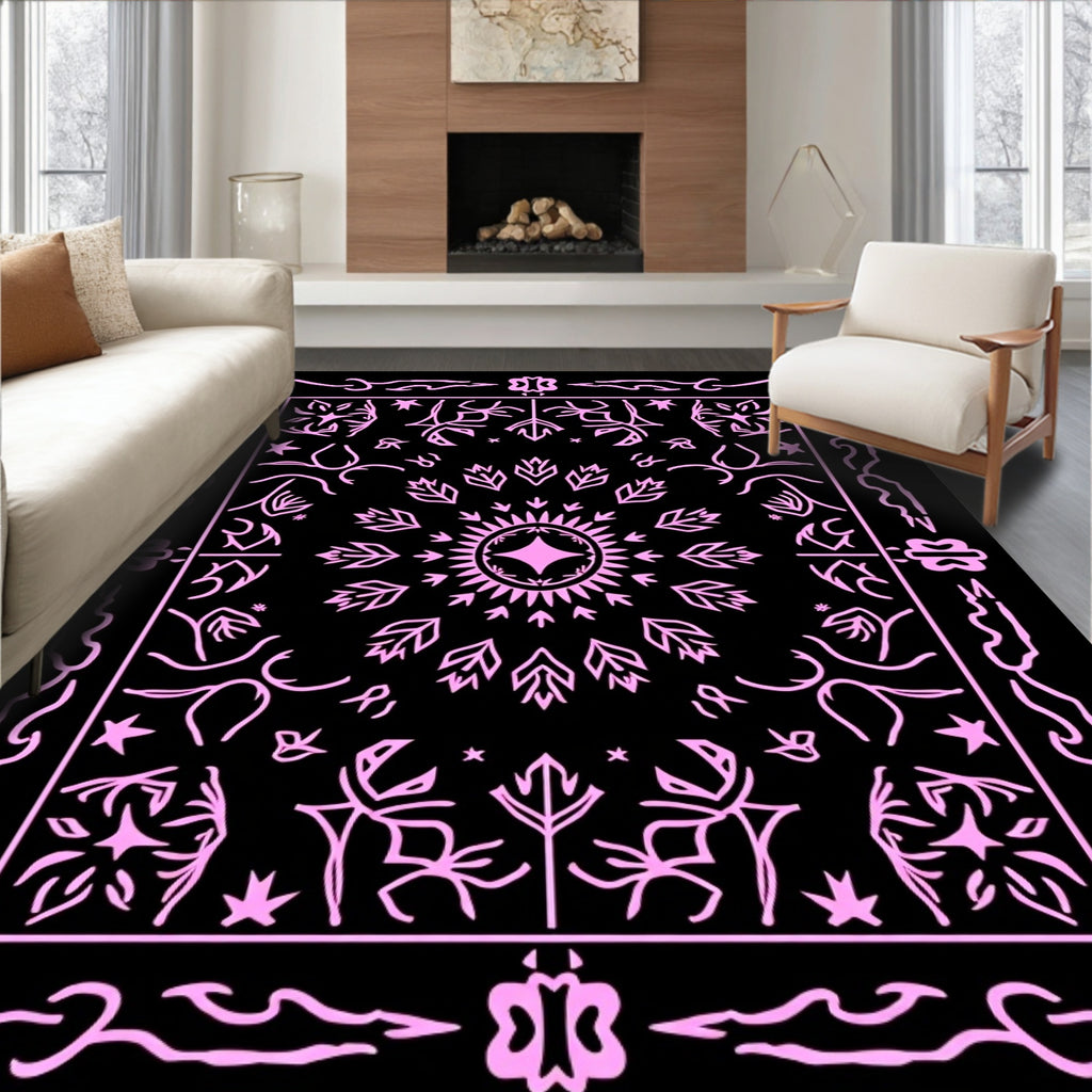 Pink Floral Medallion Black Tapestry Rug
