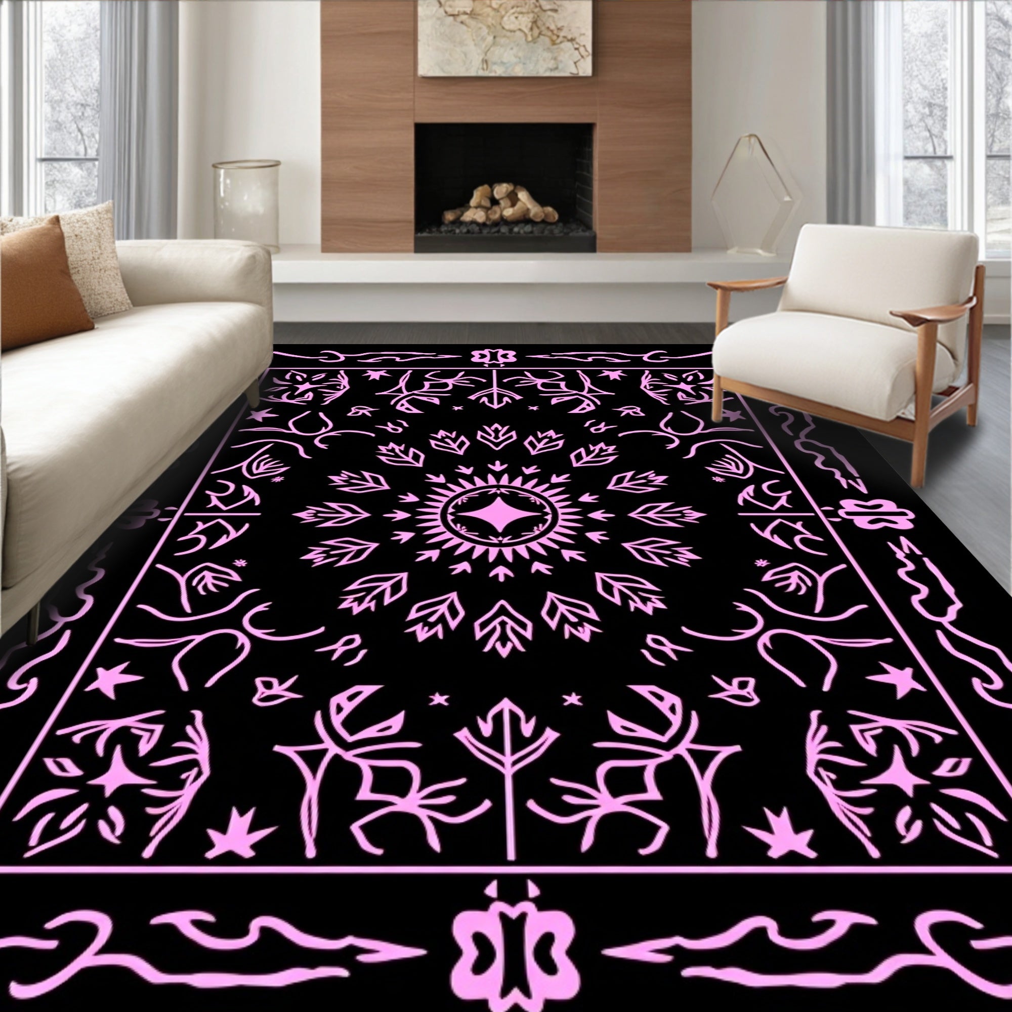 Pink Floral Medallion Black Tapestry Rug