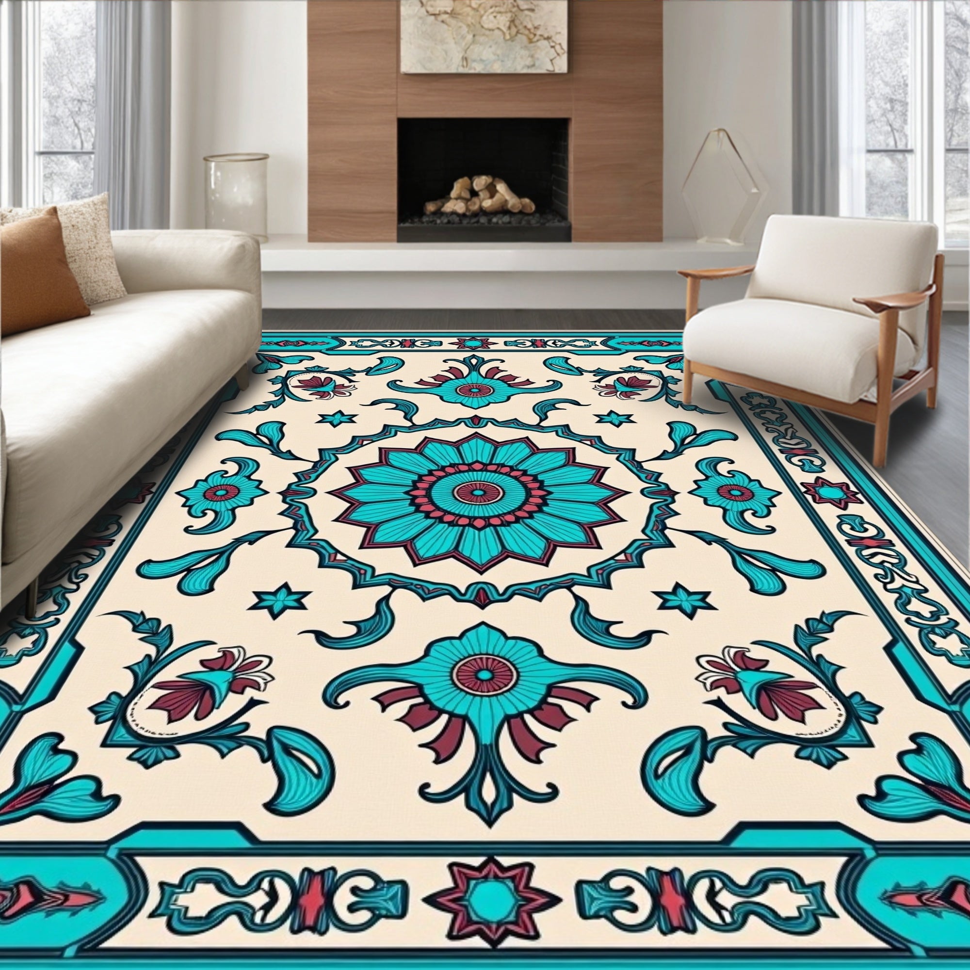Turquoise Floral Mandala Medallion Rug