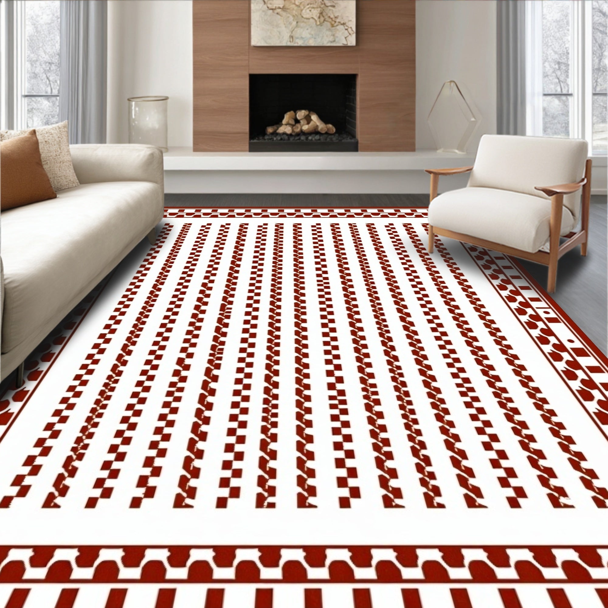 Crimson Red Geometric Stripe Border Rug