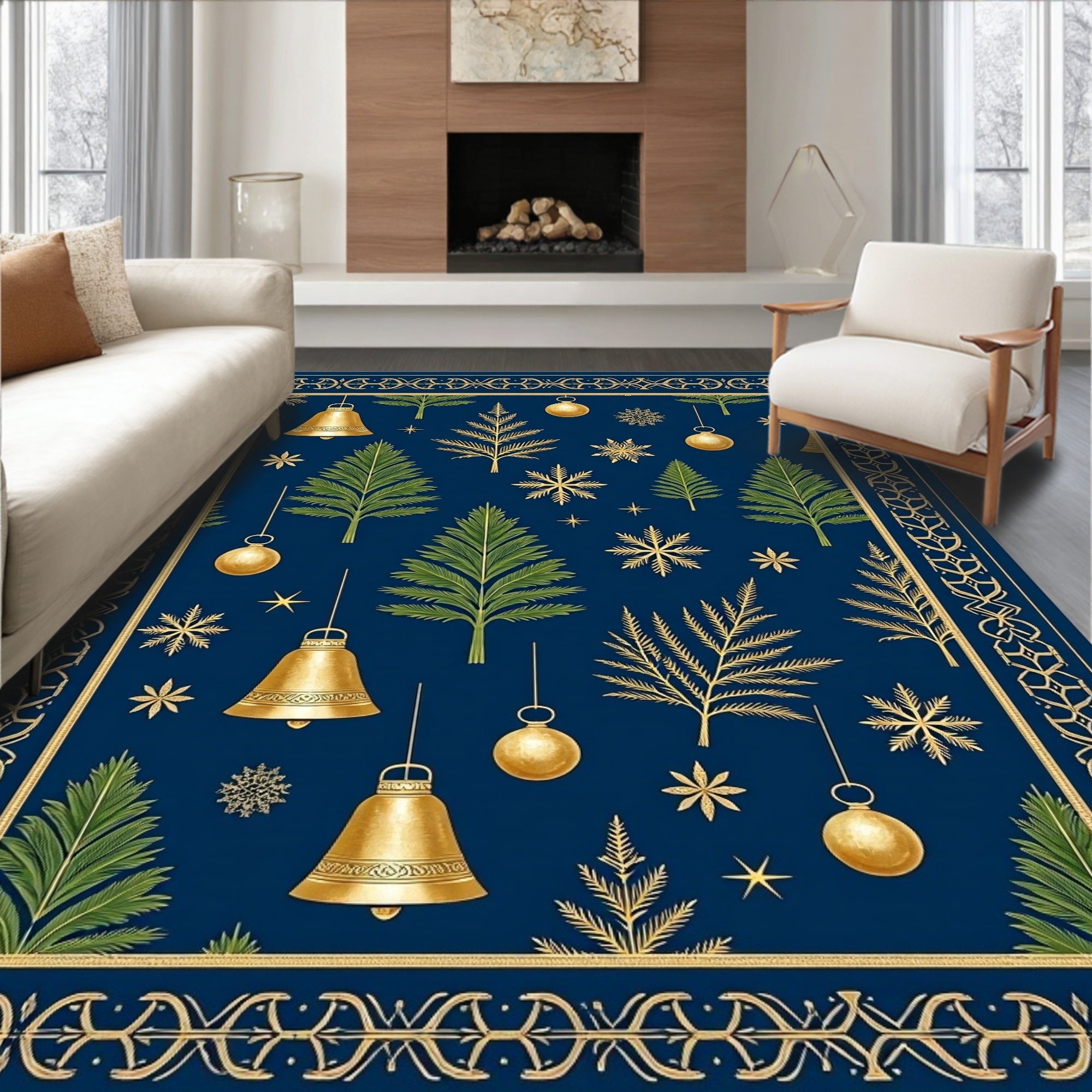 Elegant Gold And Navy Christmas Elements Rug