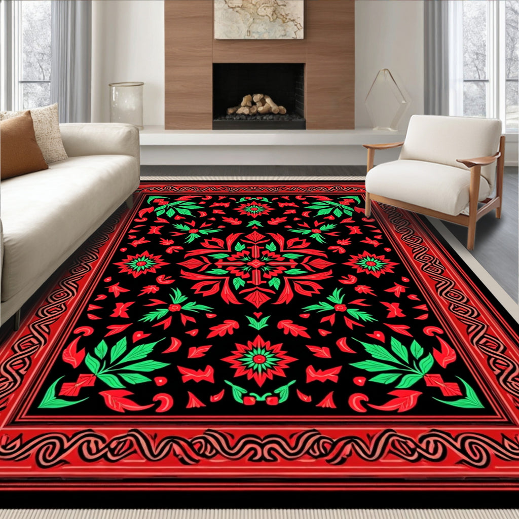 Vibrant Black Red Green Floral Rug