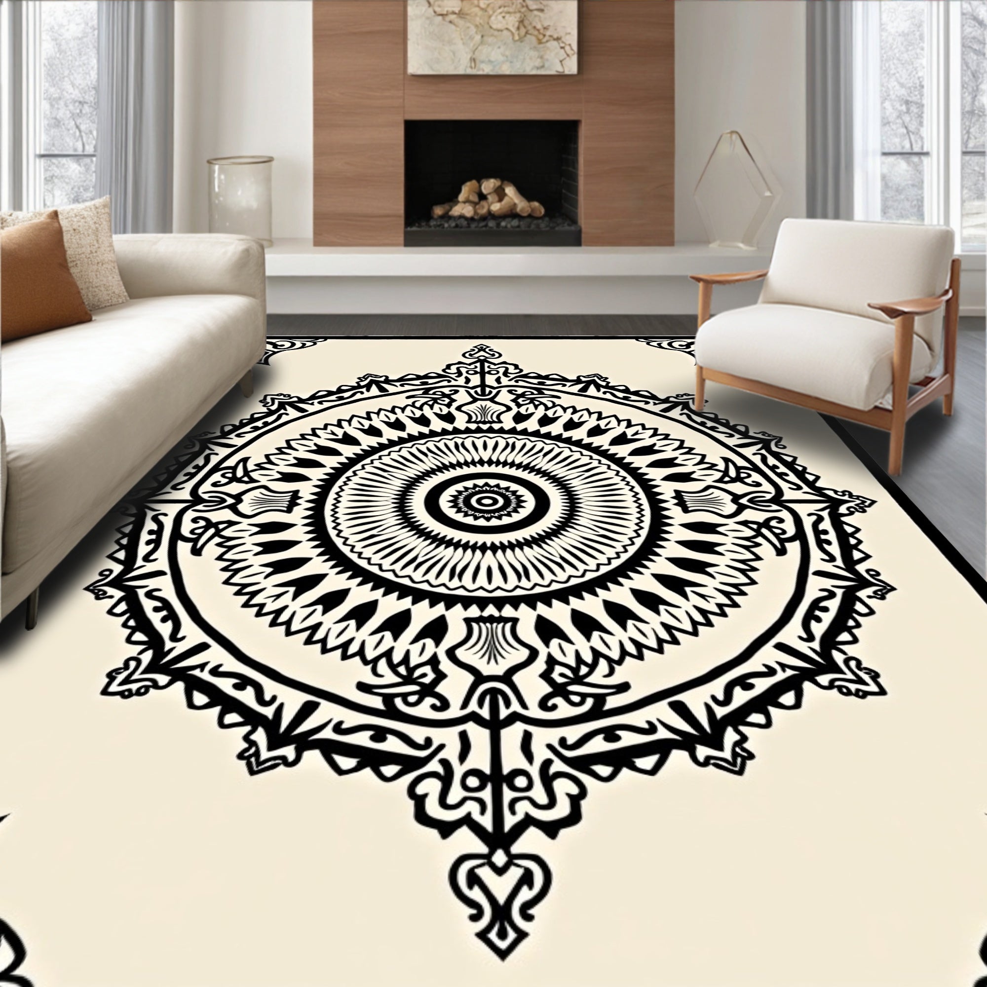 Black Cream Ornate Circular Mandala Rug