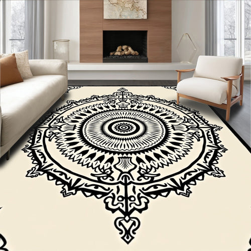 Black Cream Ornate Circular Mandala Rug