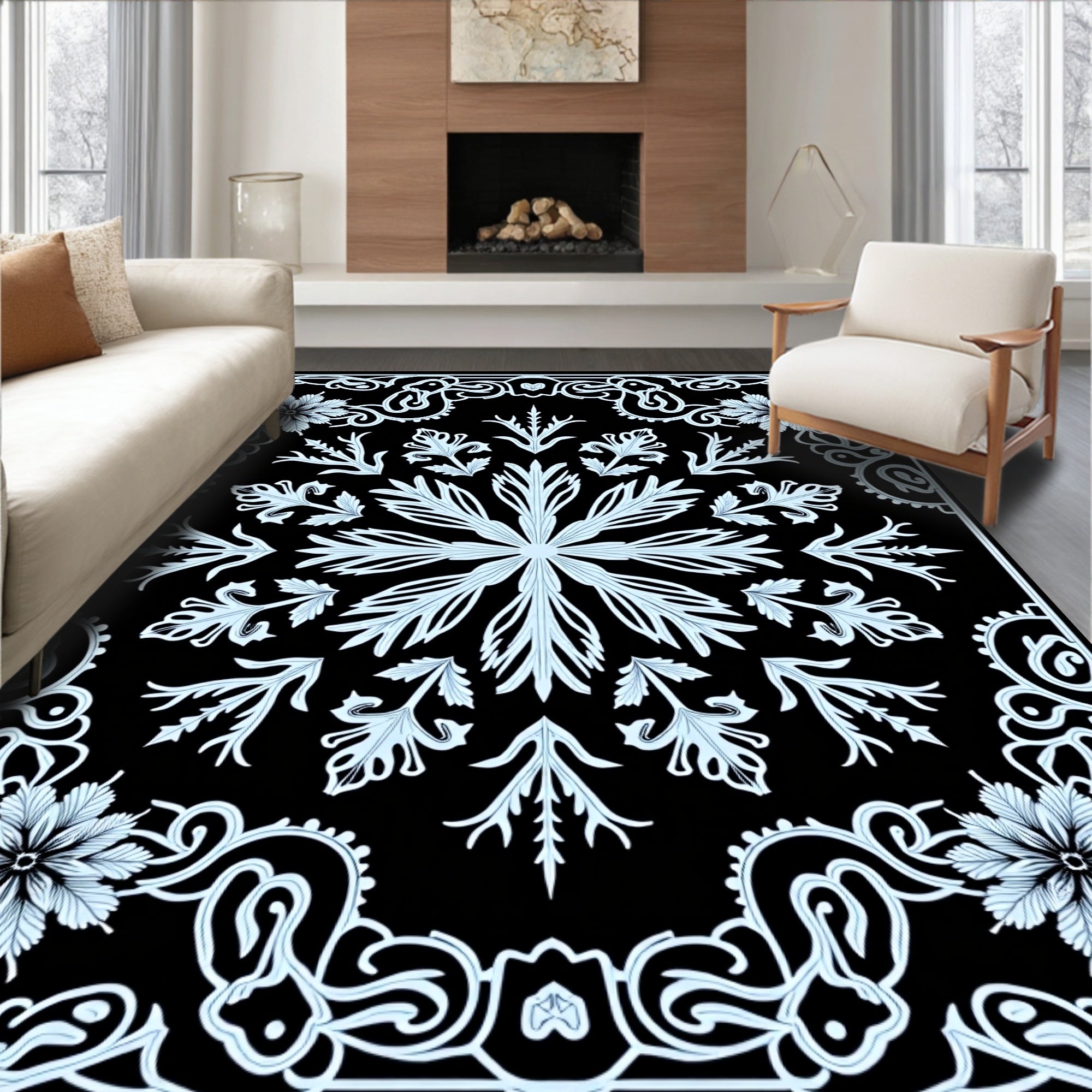 Light Blue Floral Scrollwork Mandala Rug