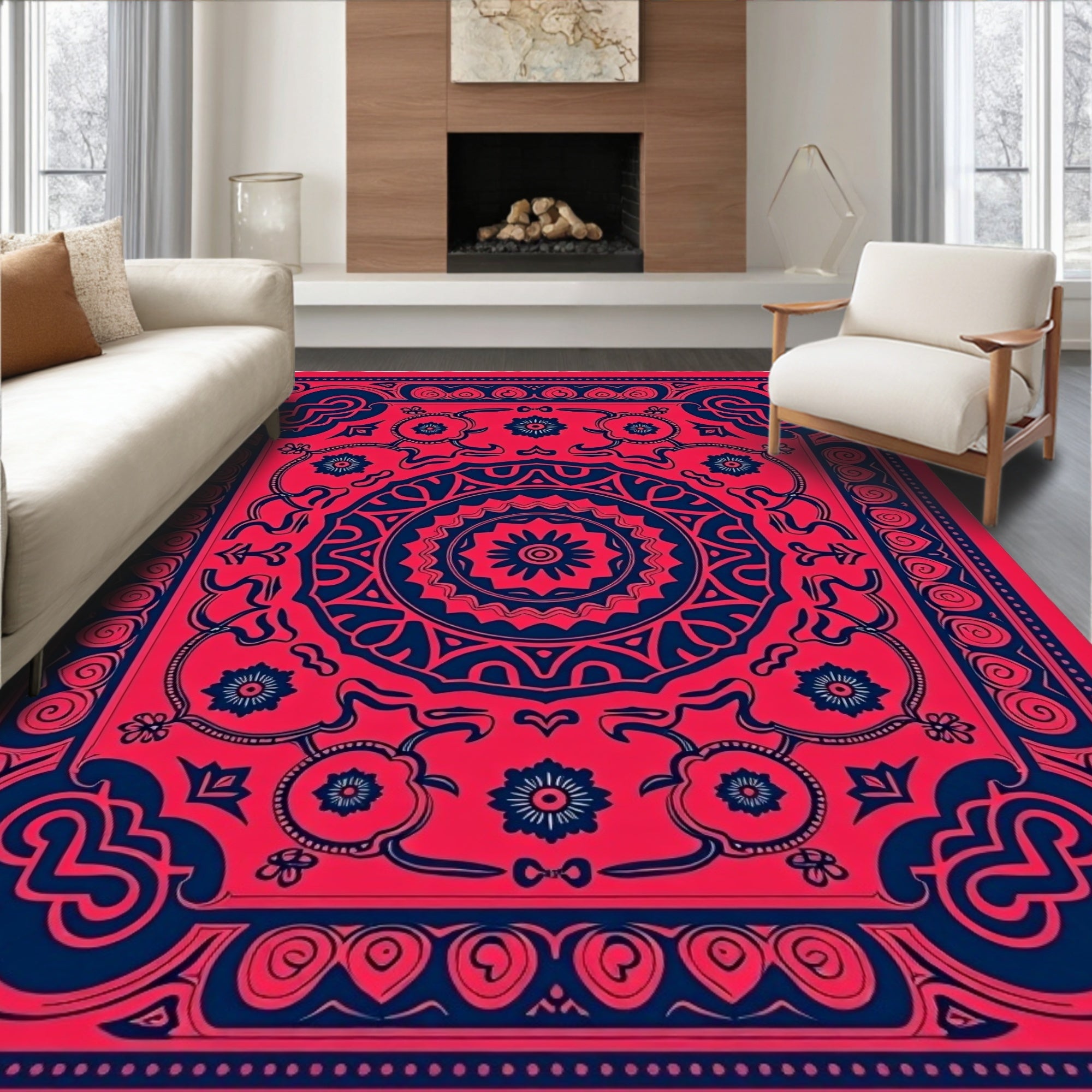 Bold Crimson Navy Floral Medallion Rug