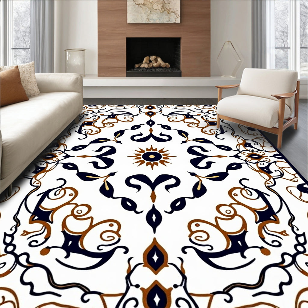 Elegant White Ivory Scroll Medallion Rug