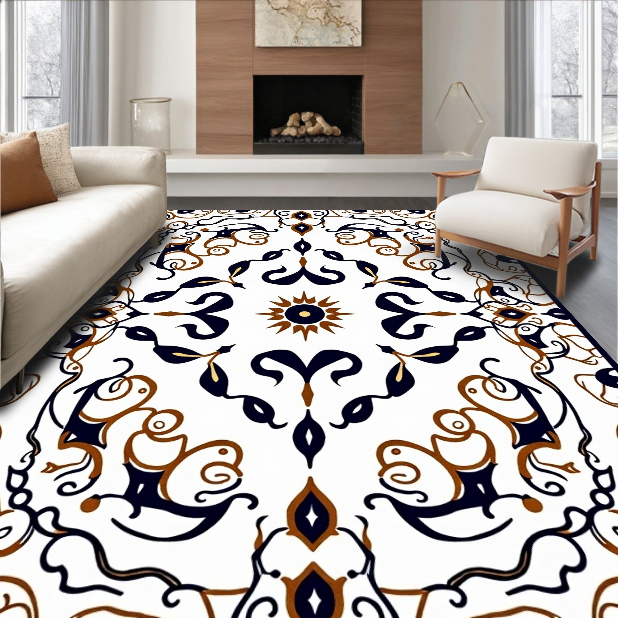 Elegant White Ivory Scroll Medallion Rug