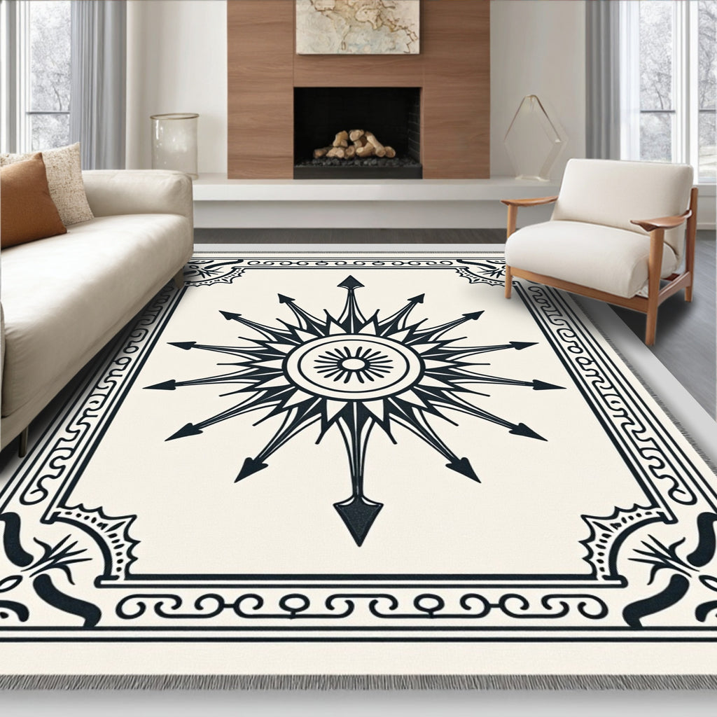 Black Minimalist Starburst Compass Rug