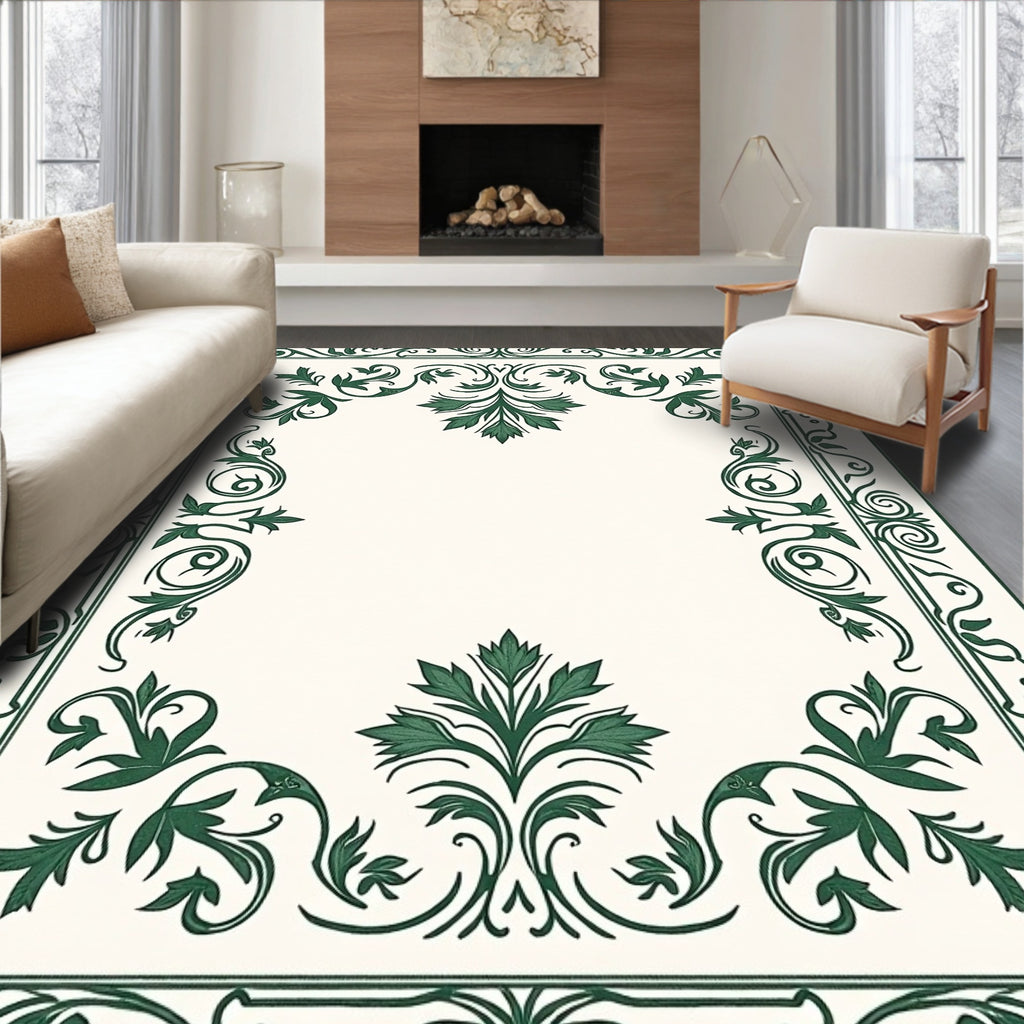 Emerald Green Floral Scroll Border Rug