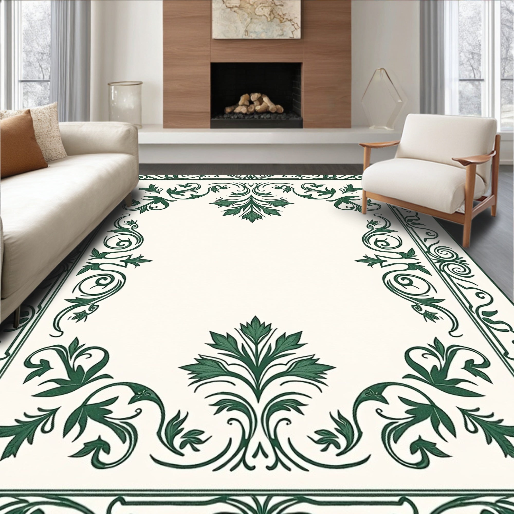 Emerald Green Floral Scroll Border Rug