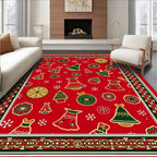 Red Holiday Bell Ornament Tree Snowflakes Rug